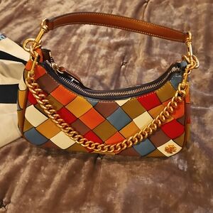 Tory Burch Colorful Leather Basket Weave Purse with Gold Chain and Two Straps